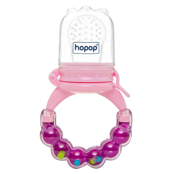 Hopop Baby Food & Fruit Nibbler with Rattle Handle, BPA-Free Mesh Feeder - Pink
