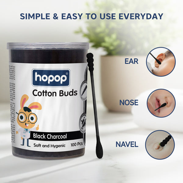 Hopop Black Charcoal Spiral Cotton Buds Paper Stem - 100 Pcs