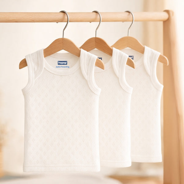Hopop Baby Envelope Neck Sleeveless Solid Patterned Cotton Vest Pack of 3 - White