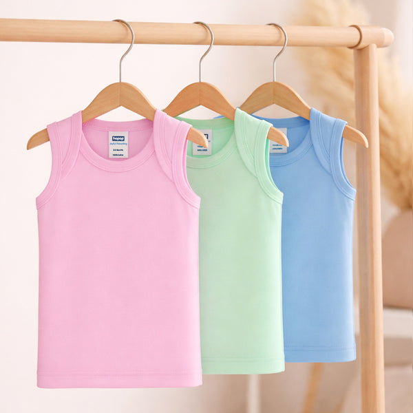 Hopop Baby Envelope Neck Sleeveless Cotton Vest Pack of 3 - Multicolor