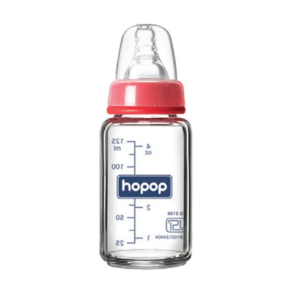 Hopop Premium Glass Feeding Bottle, Slim Neck & BPA-Free , 125ml - Red