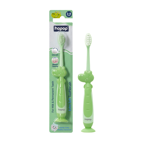 Hopop Kids Toothbrush for 3-8 Years | Extra Soft Bristles | Crocodile Design