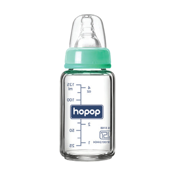 Hopop Premium Glass Feeding Bottle, Slim Neck & BPA-Free, 125ml - Green