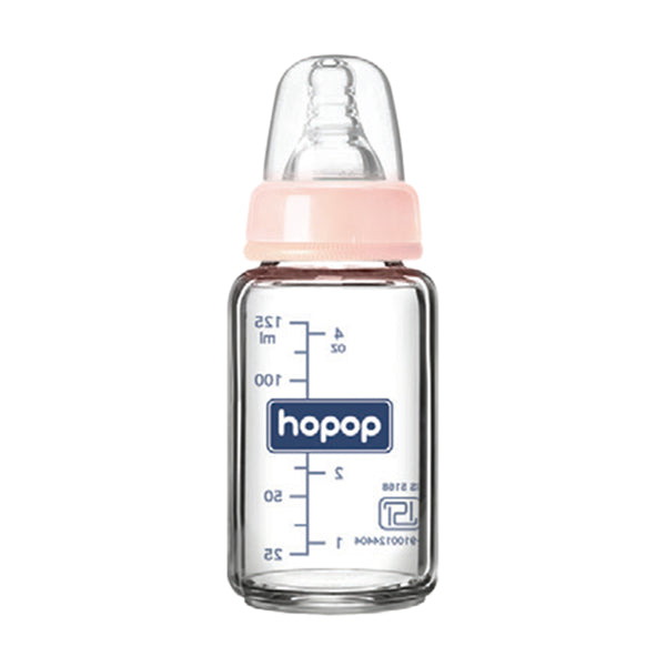 Hopop Premium Glass Feeding Bottle, Slim Neck & BPA-Free, 125ml - Pink