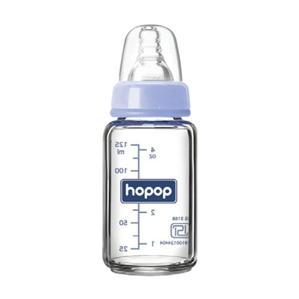 Hopop Premium Glass Feeding Bottle, Slim Neck & BPA-Free, 125ml - Light Blue