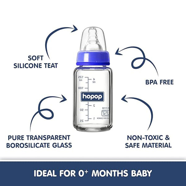 Hopop Premium Glass Feeding Bottle, Slim Neck & BPA-Free - 125 ml