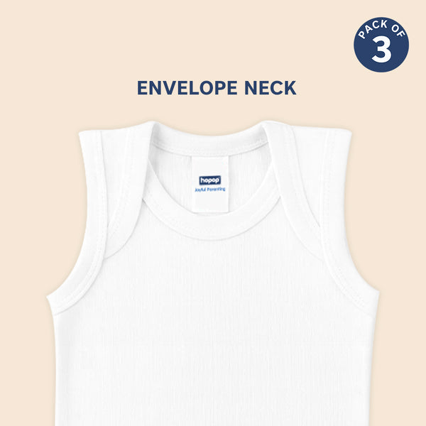 Hopop Baby Envelope Neck Sleeveless Cotton Vest Pack of 3 - White