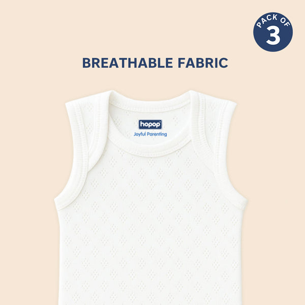 Hopop Baby Envelope Neck Sleeveless Solid Patterned Cotton Vest Pack of 3 - White