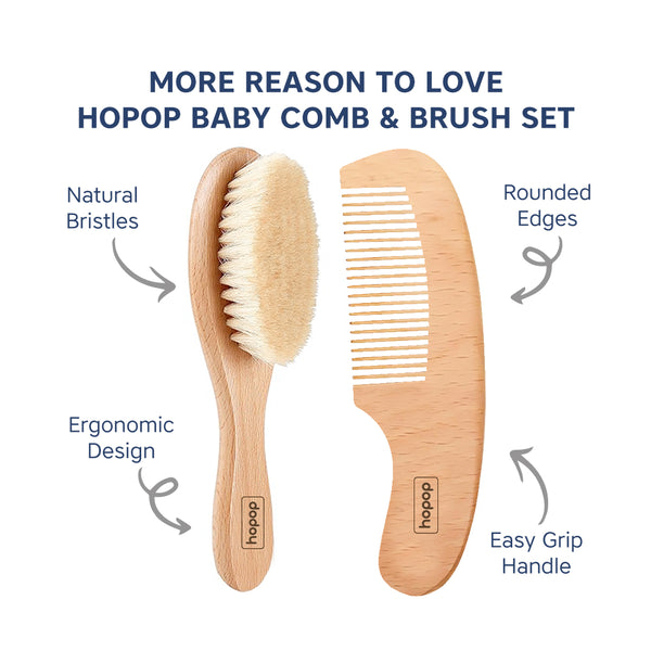 Hopop Natural Bristle Baby Wooden Brush & Comb Set