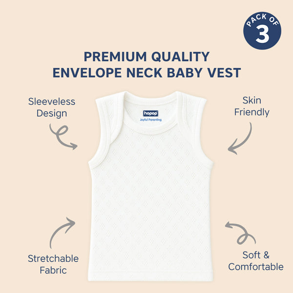 Hopop Baby Envelope Neck Sleeveless Solid Patterned Cotton Vest Pack of 3 - White