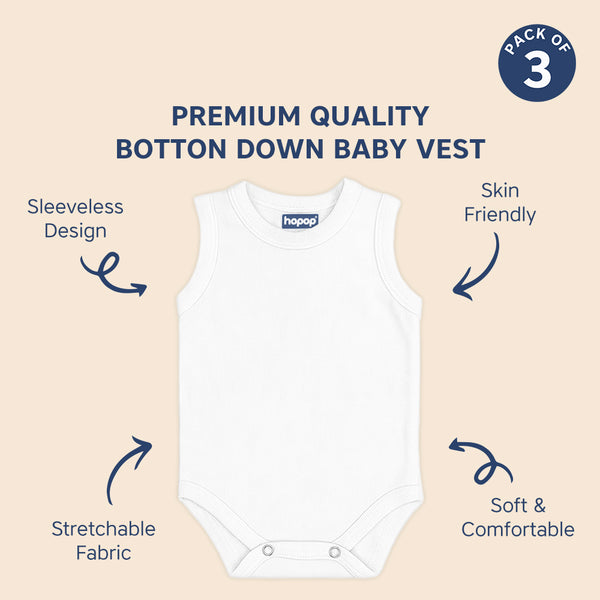 Hopop Baby Cotton Round Neck Sleeveless Romper Pack of 3 - White