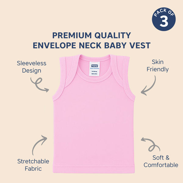 Hopop Baby Envelope Neck Sleeveless Cotton Vest Pack of 3 - Multicolor