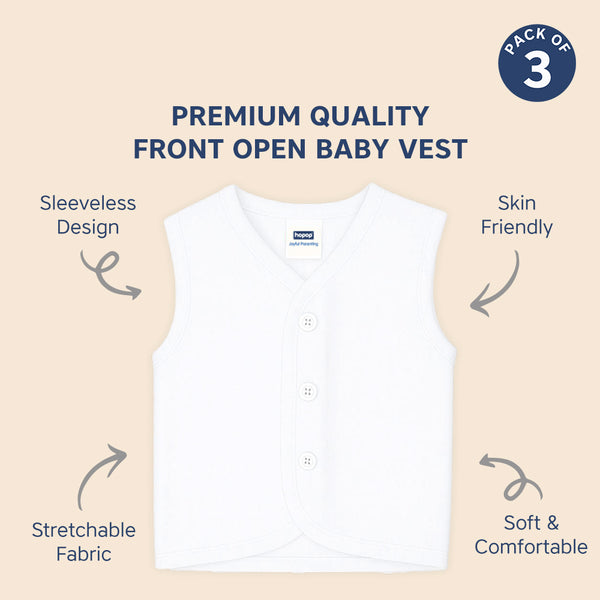 Hopop Baby Front Open Sleeveless Cotton Vest Pack of 3 - White