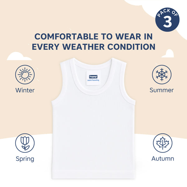 Hopop Baby Round Neck Sleeveless Cotton Vest Pack of 3 - White