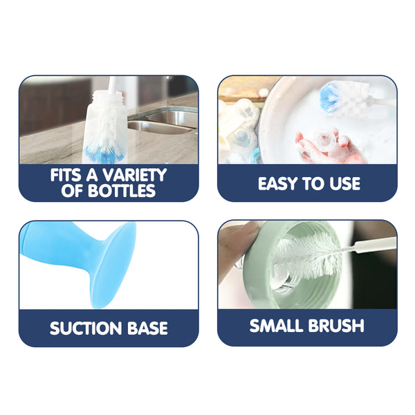 Hopop 2-IN-1 Bottle & Nipple Cleaning Brush with Grooved Handle & Suction Base