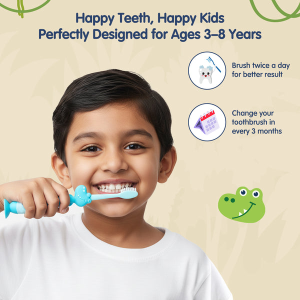 Hopop Kids Toothbrush for 3-8 Years | Extra Soft Bristles | Crocodile Design
