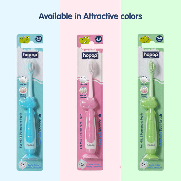 Hopop Kids Toothbrush for 3-8 Years | Extra Soft Bristles | Crocodile Design