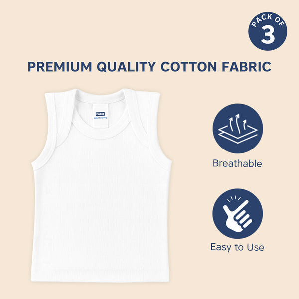 Hopop Baby Envelope Neck Sleeveless Cotton Vest Pack of 3 - White