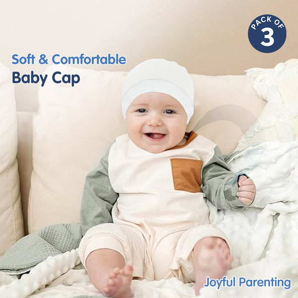 Hopop Soft & Comfortable Cotton Baby Caps - Pack of 3 (White)