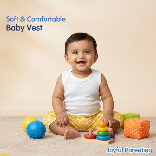 Hopop Baby Envelope Neck Sleeveless Solid Patterned Cotton Vest Pack of 3 - White