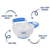 Top view of baby mash and serve feeding bowl set with spoon