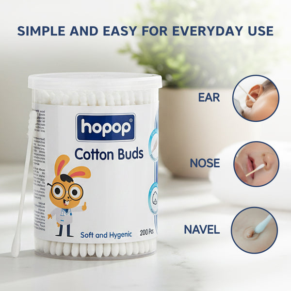 Hopop Safety Tips Cotton Buds, Gentle, Safe & Eco-Friendly - 200 Pcs