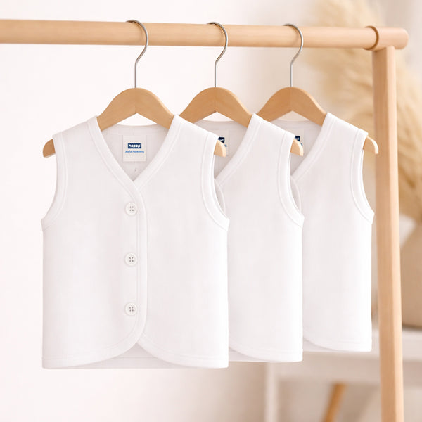 Hopop Baby Front Open Sleeveless Cotton Vest Pack of 3 - White