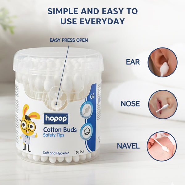 Hopop Safety Tips Cotton Buds, Gentle, Safe & Eco-Friendly - 60 Pcs