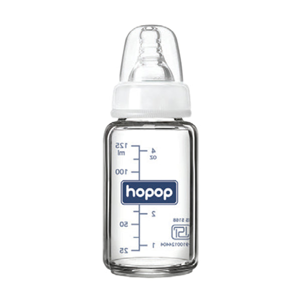 Hopop Premium Glass Feeding Bottle, Slim Neck & BPA-Free , 125ml - White