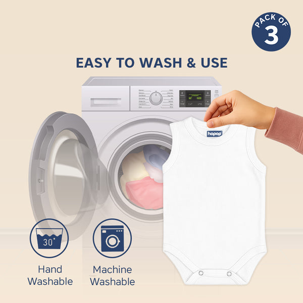 Hopop Baby Cotton Round Neck Sleeveless Romper Pack of 3 - White