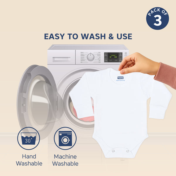 Hopop Baby Cotton Round Neck Full Sleeve Romper Pack of 3 - White