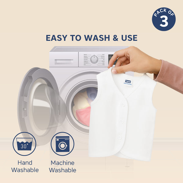 Hopop Baby Front Open Sleeveless Cotton Vest Pack of 3 - White