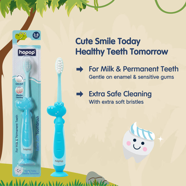 Hopop Kids Toothbrush for 3-8 Years | Extra Soft Bristles | Crocodile Design