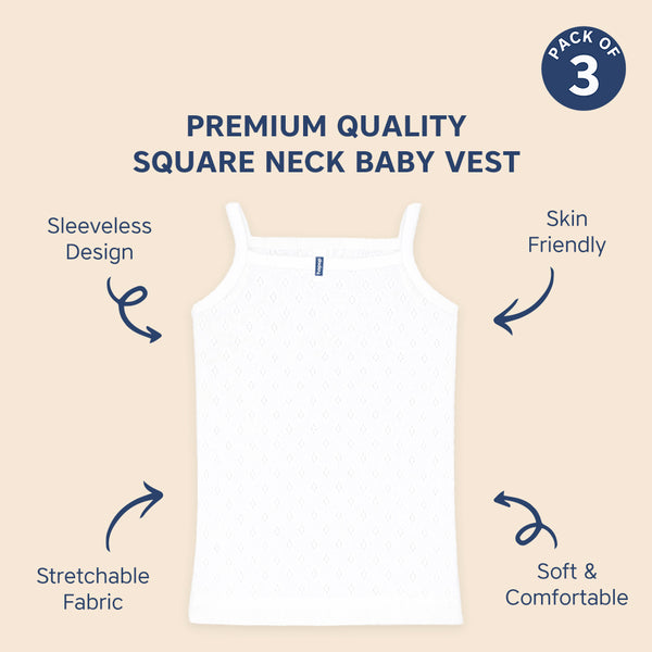 Hopop Baby Girls Sleeveless Cotton Camisole Vest Pack of 3 - White