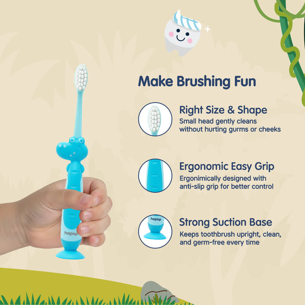Hopop Kids Toothbrush for 3-8 Years | Extra Soft Bristles | Crocodile Design