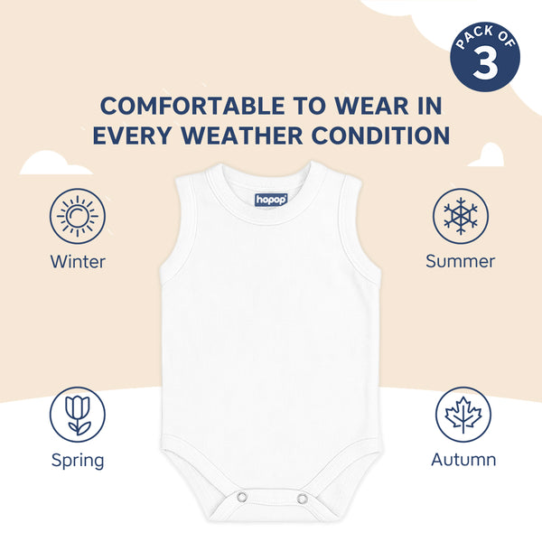 Hopop Baby Cotton Round Neck Sleeveless Romper Pack of 3 - White