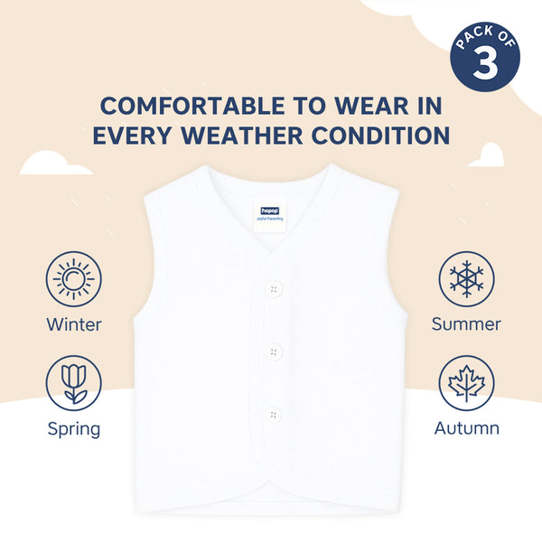 Hopop Baby Front Open Sleeveless Cotton Vest Pack of 3 - White