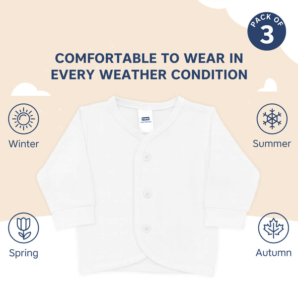 Hopop Baby Front Open Full Sleeves Cotton Vest Pack of 3 - White