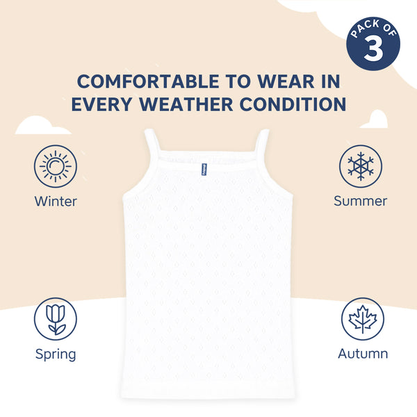 Hopop Baby Girls Sleeveless Cotton Camisole Vest Pack of 3 - White