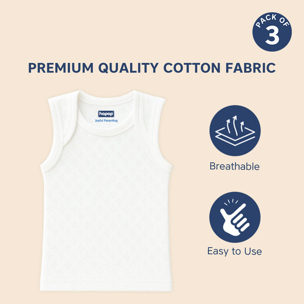 Hopop Baby Envelope Neck Sleeveless Solid Patterned Cotton Vest Pack of 3 - White