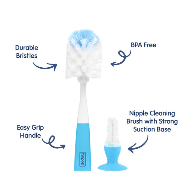 Hopop 2-IN-1 Bottle & Nipple Cleaning Brush with Grooved Handle & Suction Base
