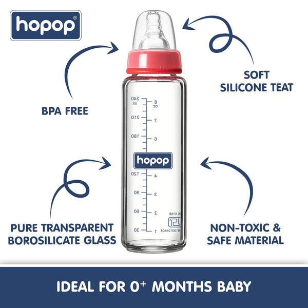 Hopop Premium Glass Feeding Bottle, Slim Neck & BPA-Free - 250 ml