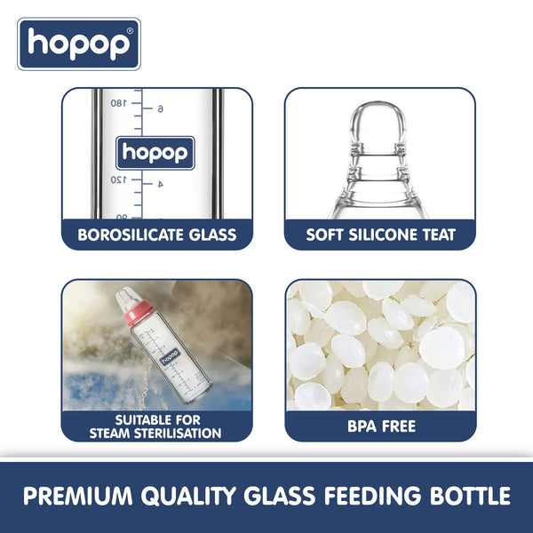 Hopop Premium Glass Feeding Bottle, Slim Neck & BPA-Free - 250 ml