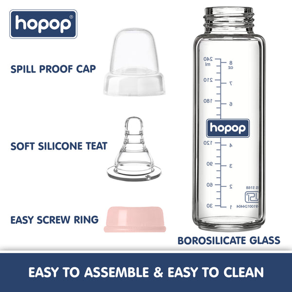 Hopop Premium Glass Feeding Bottle, Slim Neck & BPA-Free - 250 ml